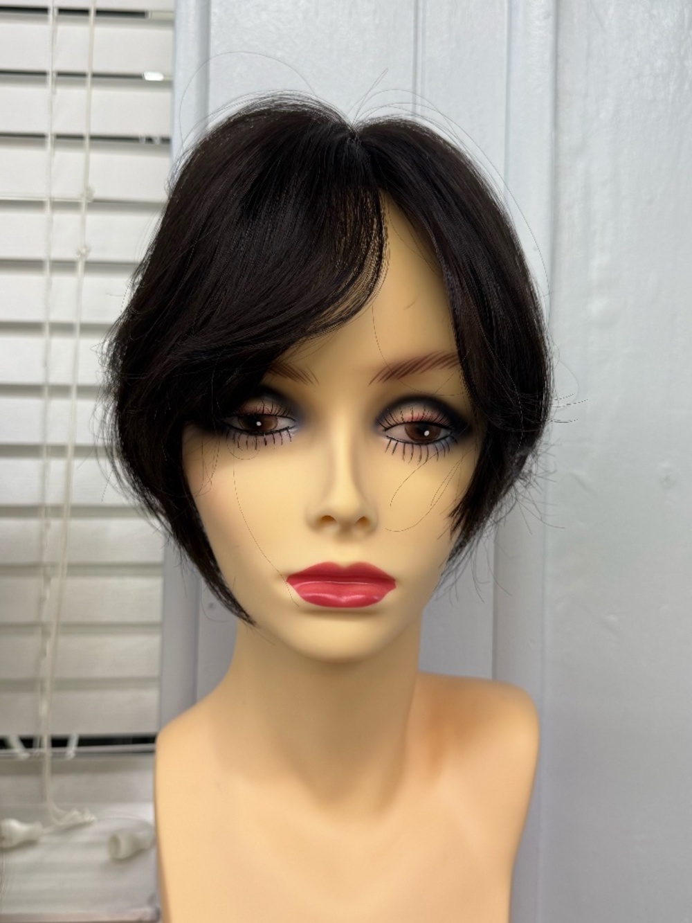 Dark brown short human hair topper, lightweight small base